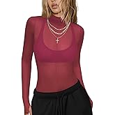 Mesh Sheer Long Sleeve Layering Tops for Women Mock Neck Sexy Going Out Lace Tee Shirt See Through Party Club Concert Blouse