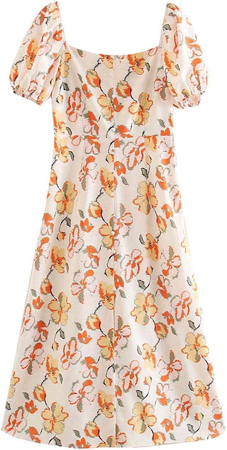 square collar printed puff sleeve midi dress