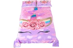 ADASMILE A & S Pink Unicorn Sheets Full Size for Kids 4 Pieces Girls Flower Printed Microfiber Bed Sheets with 2 Pillowcases Deep Pocket Animal Bedding Sets All Season Bedroom Decor