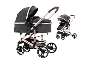 Blahoo Baby Stroller for Newborn, 2 in1 High Landscape Stroller, Foldable Aluminum Alloy Pushchair with Adjustable Backrest. Bassinet Stroller(Gold Black)