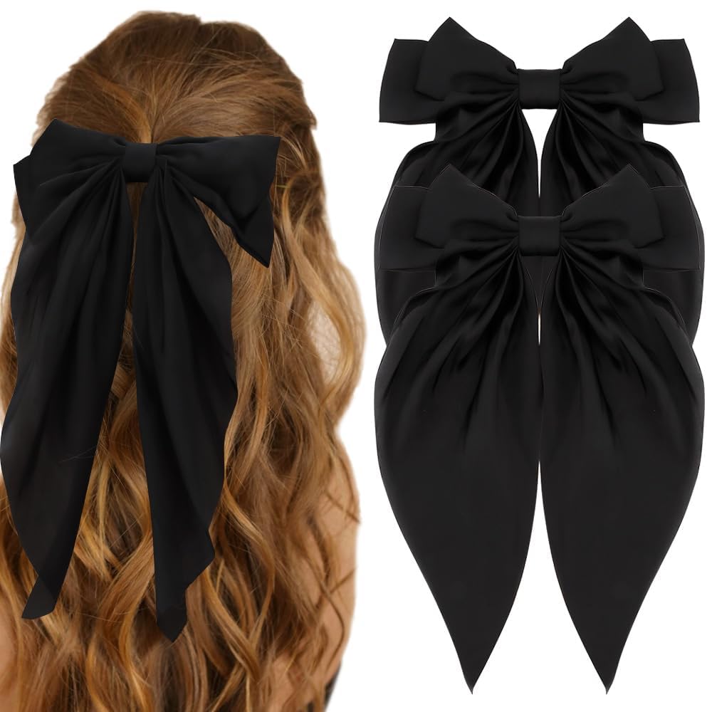 SHEEN 2 PCS Big Bow Hair Clips with Long Silky Satin, Solid Color French Barrette Simple Hair Fastener Accessories for Women Girls (BLACK & BLACK)