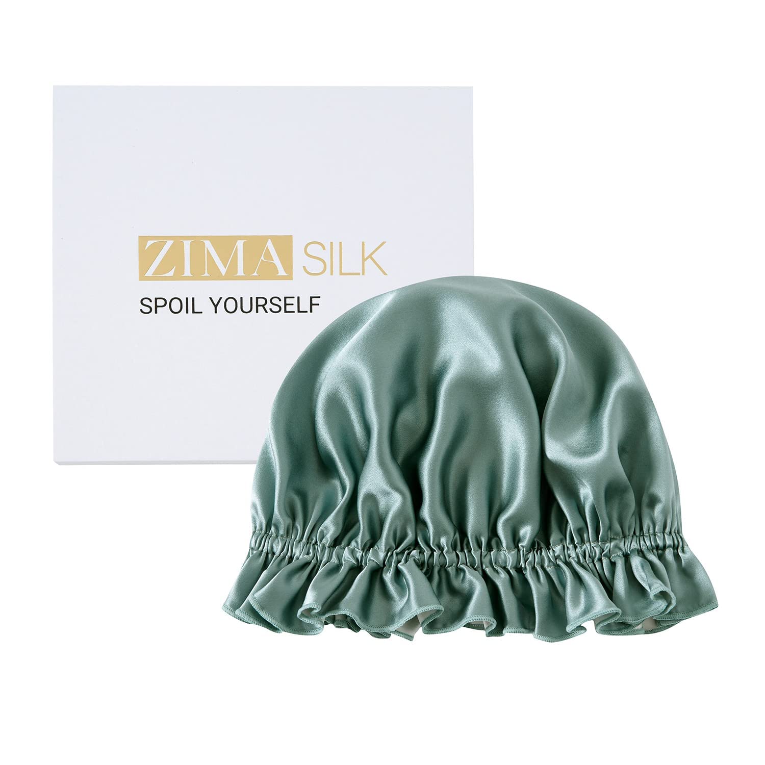 ZIMASILK 100% Mulberry Silk Bonnet for Women's Hair Care, Double Layered Silk Hair Wrap for Sleeping with Elastic Stay On Head (1Pc, Greyish Green+Ivory)