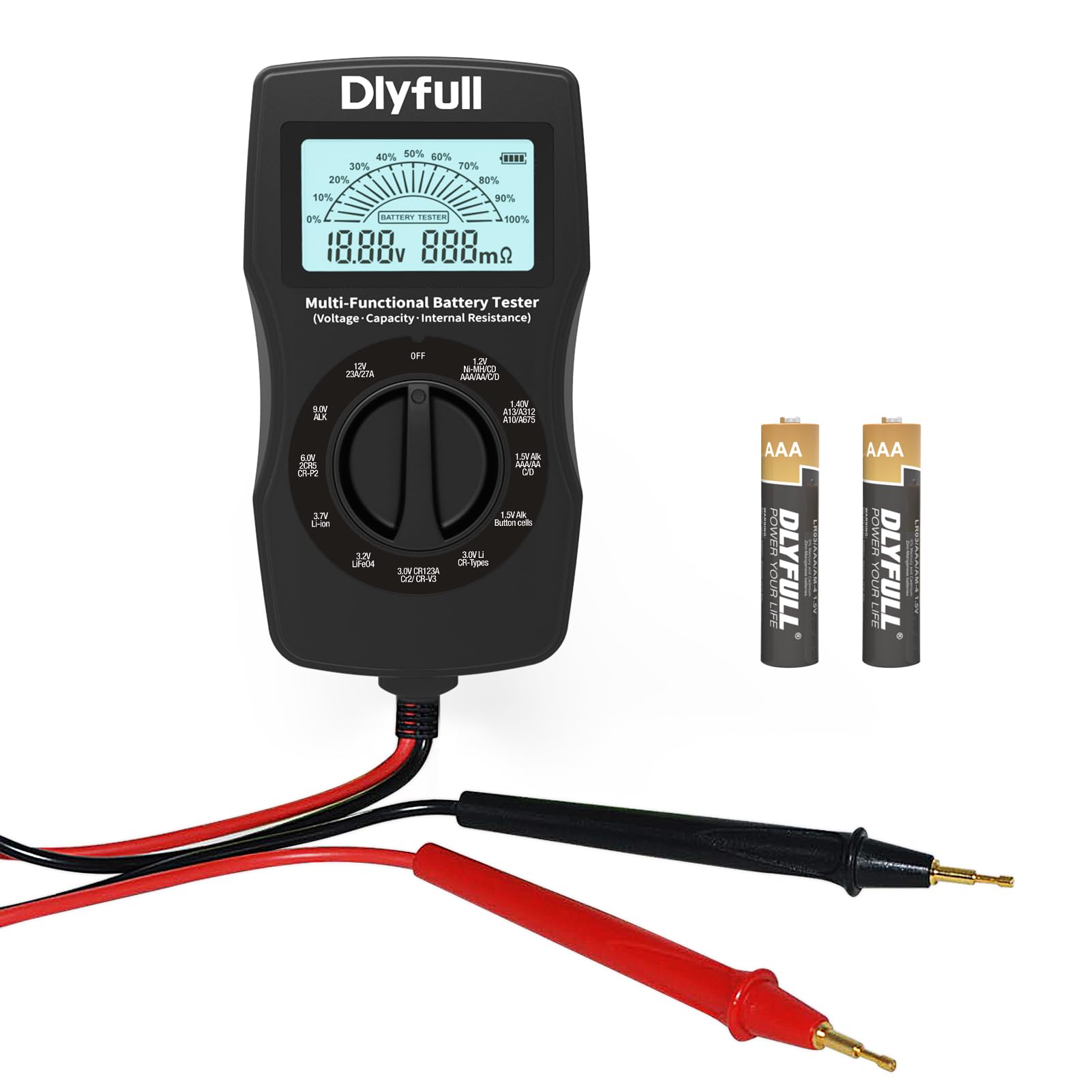 Dlyfull Universal Battery Tester with LCD Display, Small Digital Battery Voltage Resistance Checker for Ni-MH, Ni-CD, Li-ion, Alk & LiFe04 Batteries(AA AAA C D 9V 12V 18650 CR123A 2CR5 CR2032 Cells)