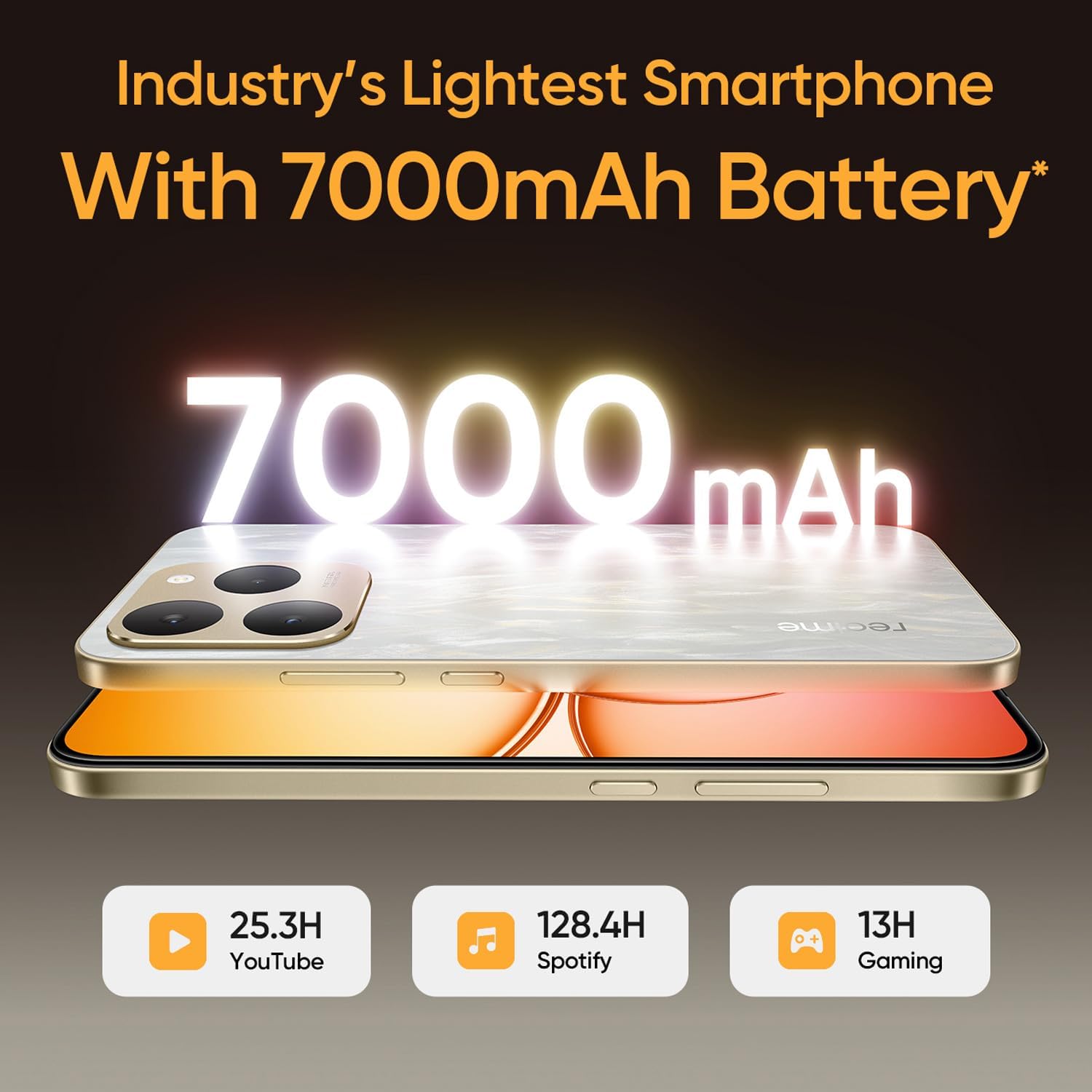realme 15T 5G smartphone highlighting its 7000mAh battery capacity and usage times for YouTube, Spotify, and Gaming.