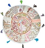 Beautiful White Color Ruond Ottoman Indian Patchwork Pouffe ,Indian Traditional Home Decorative Handmade Cotton Ottoman Patchwork Foot Stool- Floor Cushion Decor ,Embroidered Chair Cover,Decorative Throw Vintage Pouf Cover Indian Throw Cotton Foot stool 32''