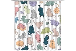 Sunhe Cute Cat Shower Curtain Lovely Cartoon Kitty Cat Kitten Funny Colorful Animal Pattern for Pet Lovers Kids Girls Nursery Multicolor Hipster Abstract Fabric Bathroom Decor Curtain with Hooks