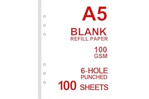 GETVOW A5 Blank Paper Refill, Refills for Filofax Planner/Binders/Organizer, 6-Hole Punched, 100 Sheets/200 Pages Filler Paper, 100gsm, White, 5.8'' x 8.2''