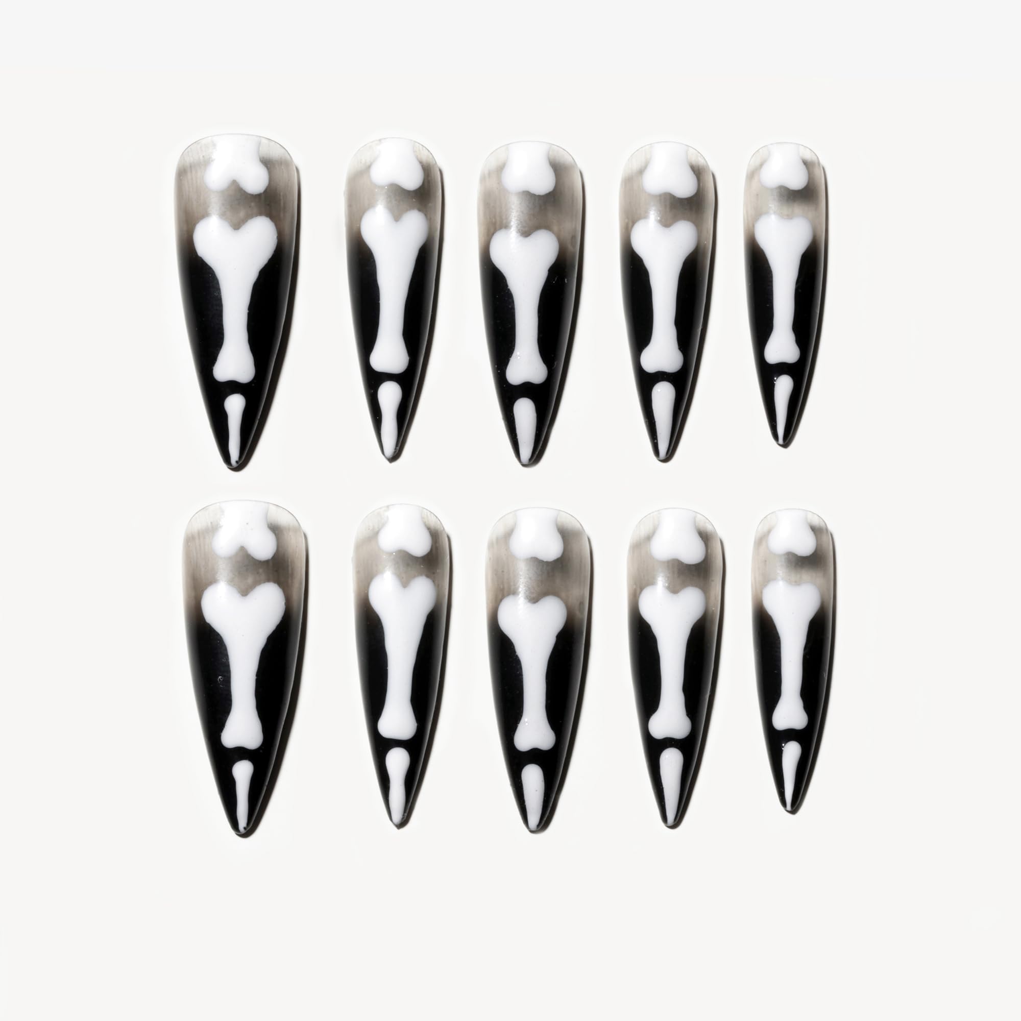 Sun&Beam Nails Handmade Press-on Long Almond Stiletto Black White Halloween Glow In Dark Skeleton Finger Design False Nail Tips 10 Pcs (#128 S)