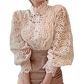 Women's High Neck Allover Lace Puff Sleeve Button Front Blouse – Elegant Work Office Party Top
