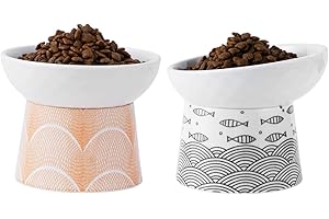 TAMAYKIM Ceramic Raised Cat Bowls, Food and Water Bowls Set for Kitty Cats and Small Dogs, Porcelain Elevated Stress Free Feeding Pet Bowl Dish, Dishwasher and Microwave Safe, Orange & Black
