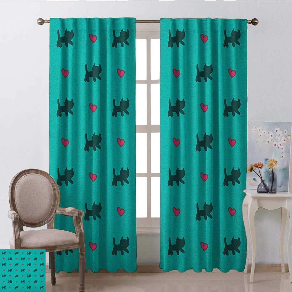 Teal Curtains Set Of 2 Cute Kittens Pink Hearts Lovely