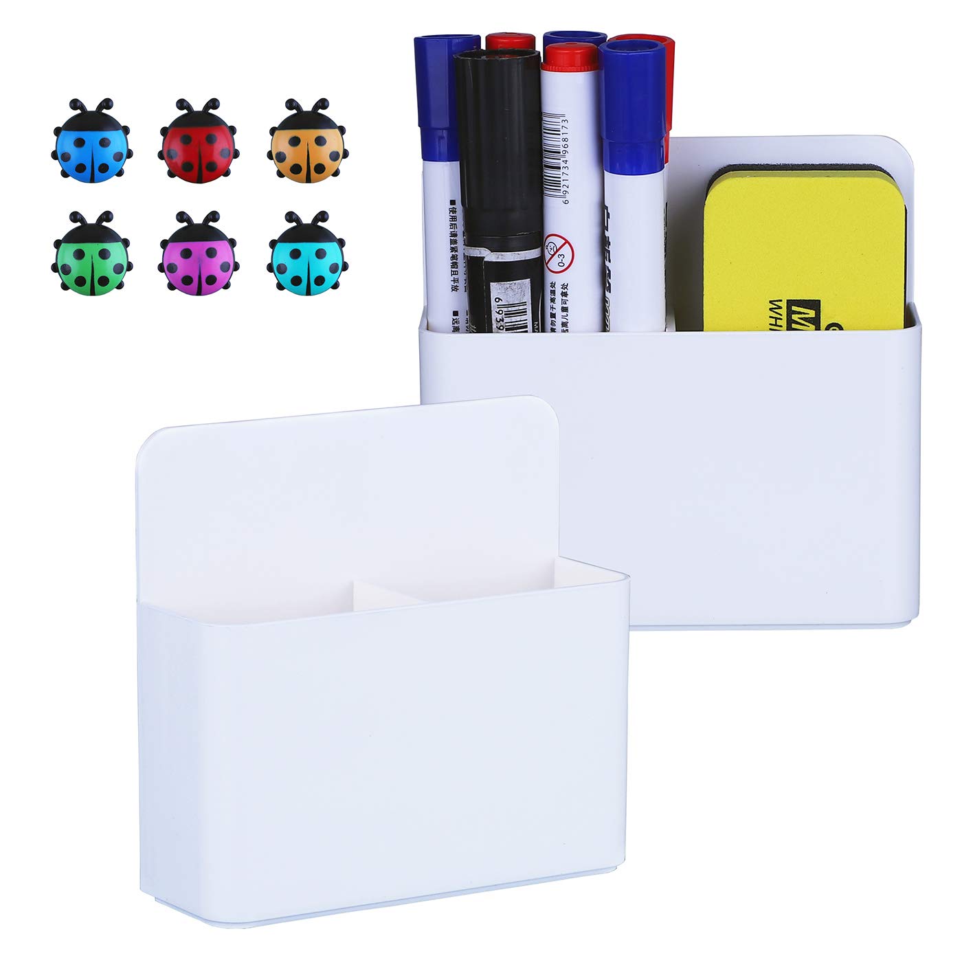 Antner 2 Pack Magnetic Dry Erase Marker Holder for Whiteboard, Magnetic Pen Eraser Holder Pencil Cup Storage Organizer with Magnetic Push Pins for Office, Refrigerator, Metal Locker Accessories, White