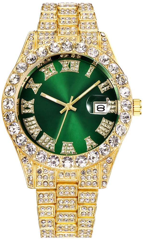 HUNRUY Hip Hop Watches for Men Iced-Out Bling Diamond Luxury Quartz Watches with Date, 42mm Gold green, Fashion