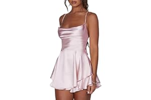 LouVasabuce Women Sexy Backless Short Romper Satin Dress Cowl Neck Tie Ruffle Layer Spaghetti Strap Jumpsuit Mini Dress