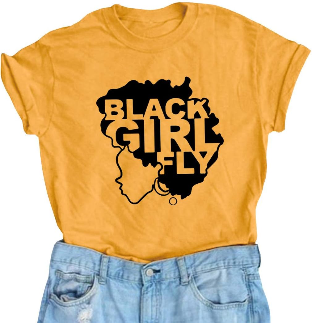 FADAZAI Black Girl Fly Women's Cute Graphic T Shirts Crewneck Tops Short Sleeve Tees