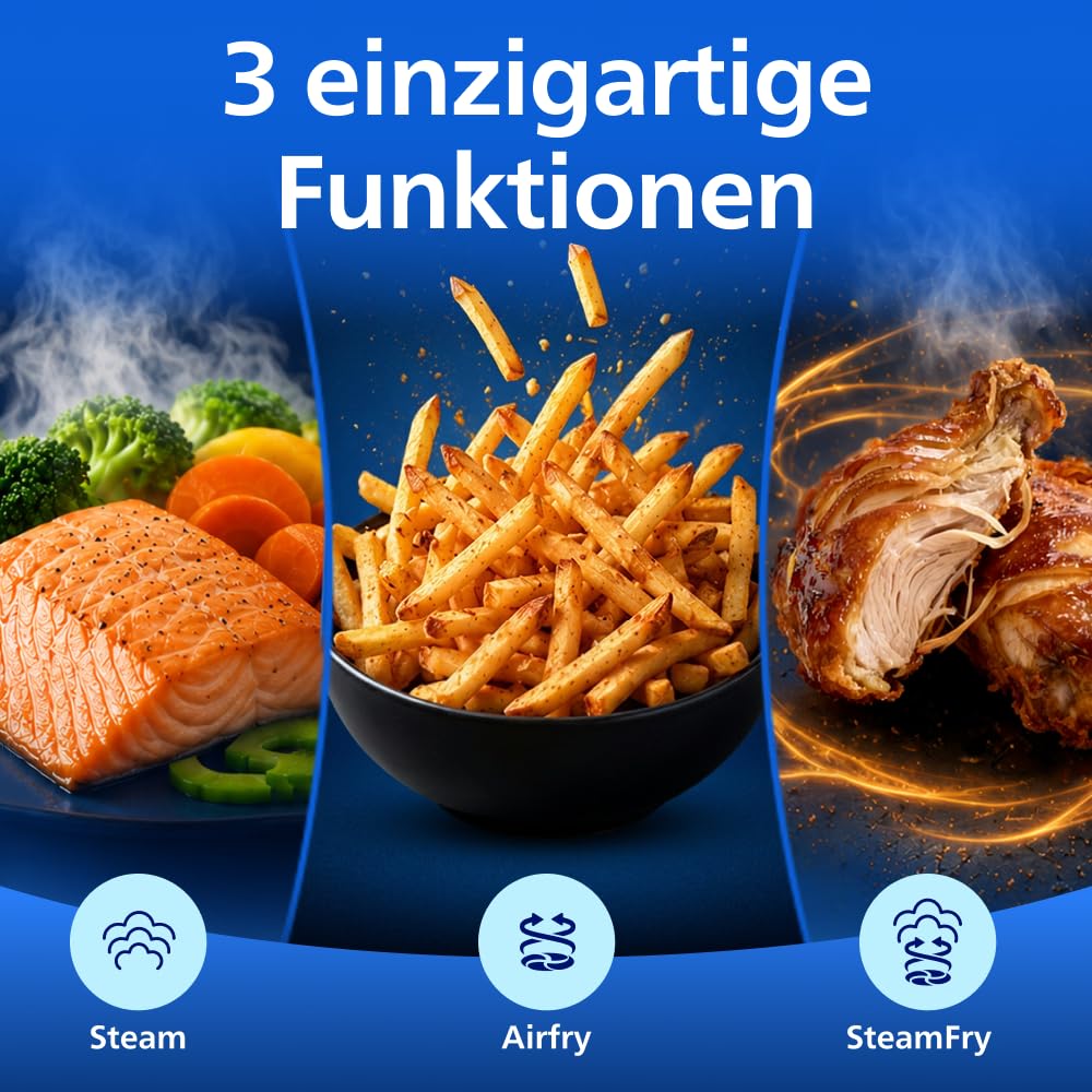 Philips Steam Airfryer 5000 Series Dual Basket Heißluftfritteuse mit Dampfgar-Funktion & 2 Körben – Steam, Airfry, SteamFry, 9L (3L+6L), RapidAir Plus, automatische Dampfreinigung (NA550/00) 3