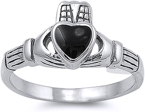 Amazon Com Sterling Silver Simulated Black Onyx Heart Claddagh Ring 10mm Size 4 To 9 Jewelry