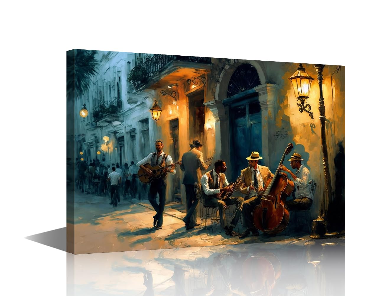TISHIRON Canvas Art Wall Decor Illustration of Jazz Band Havana Street Oil Painting Style Wallpaper Vintage Art Prints Poster for Living Room Bedroom Wall Art Decor Framed Ready to Hang 24"x16" — image 1