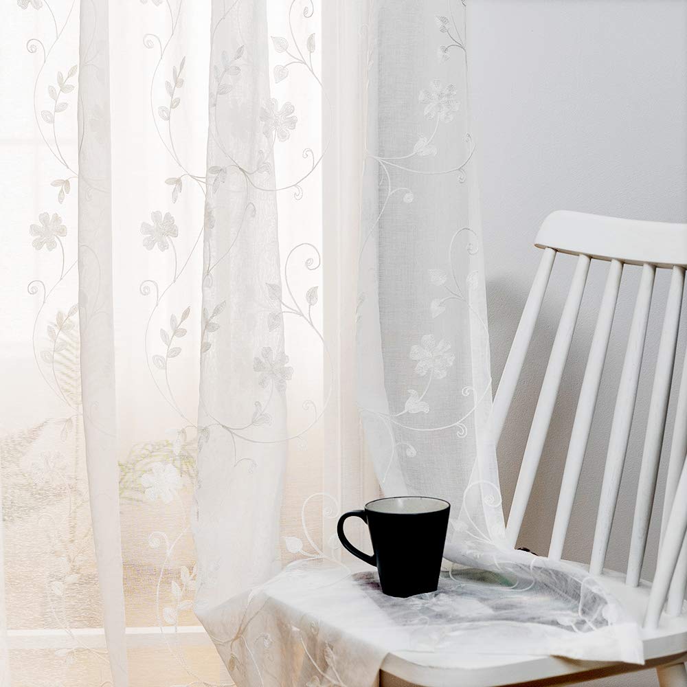 MYSTIC-HOME Floral Embroidery Sheer Curtains White 45 Inch Length, Rod Pocket Voile Drapes Treatments Semi Crinkle Curtain Panels for Yard, Villa, Parlor, Set of 2, Floral White, 52" Wx45 L