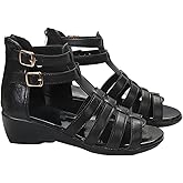 NIAIRKE Women Black Leather High Top Gladiator Sandals,Summer Peep Toe Hollow Back Zipper Dressy Flat Roman Sandals Wedges Sandals