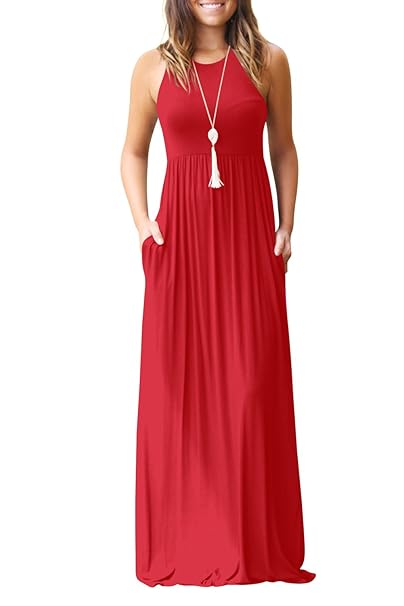Bequemer Laden Damen Sommerkleid Racerback Ärmellos Baggy Plain MaxiKleid Casual Lange Kleider mit Taschen