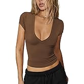 Hragc Women's Sexy V Neck Cap Short Sleeve Top Shirts Fitted Basic T Shirt for Women Tee Y2K Casual Crop Going Out Top