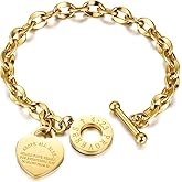 Emibele Heart Charm Bracelet for Women, Bible Verse Bracelet Stainless Steel 18K Gold Plated Bracelet Love Pendant Link Chain OT Clasp, Birthday Christmas Jewelry Gift for Mother Her