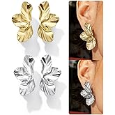 KRFY Statement Earrings 2 Pairs, S925 Sterling Silver Post 16K Plated Chunky Gold Earrings For Women Trendy, Hypoallergenic Big Flower Leaf Stud Earring Set, Silver Color Large Dangle Earrings Jewelry