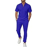 Bealin Mens Summer Beach Outfits 2 Piece Casual Quarter Zip Short Sleeve Vertical Stripe Shirt and Loose Pants Set