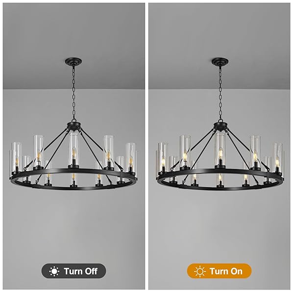 ZHLLMQ 12 LIGHT BLACK CHANDELIER WAGON WHEEL CHANDELIER WITH CLEAR GLASS SHADE ROUND INDUSTRIAL PENDANT LIGHTING FIXTURE FOR STAIR LIVING ROOM FOYER KITCHEN