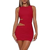 Nsbonu Women's Sexy Bodycon Ruched Sleeveless Cut Out Club Party Short Mini Dresses