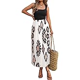 Mieazom Women's Sleeveless Pleated Maxi Dress Boho Floral Print Summer Sundress High Waist Flowy A-Line Casual Dress