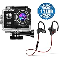 Drumstone 4K WIFI Ultra HD Waterproof 170 Degree Angle 2.0-inch LCD 100ft Underwater action camera with QC-10 Bluetooth 4.1 Stereo Headset for Smartphones