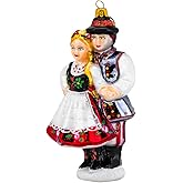 Polish Gallery Christmas Tree Ornament Classic Folk Dancing Couple, Blown Glass 7 inch Krakowiak Couple