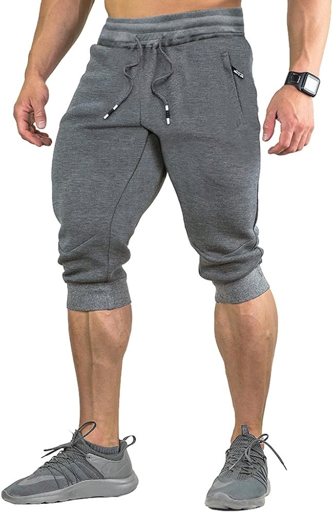 FASKUNOIE Men's Cotton Casual Shorts 3/4 Jogger Capri Pants Breathable Below Knee Home Lounge Short Pants with Three Pockets: Clothing