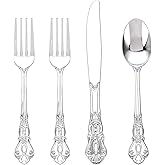 Joyido 40PSC Silver Plastic Cutlery - Vintage Silver Disposable Silverware - Heavyweight Plastic Utensils with 20 Forks, 10Knives, 10 Spoons For Catering, Parties, Dinners and Weddings