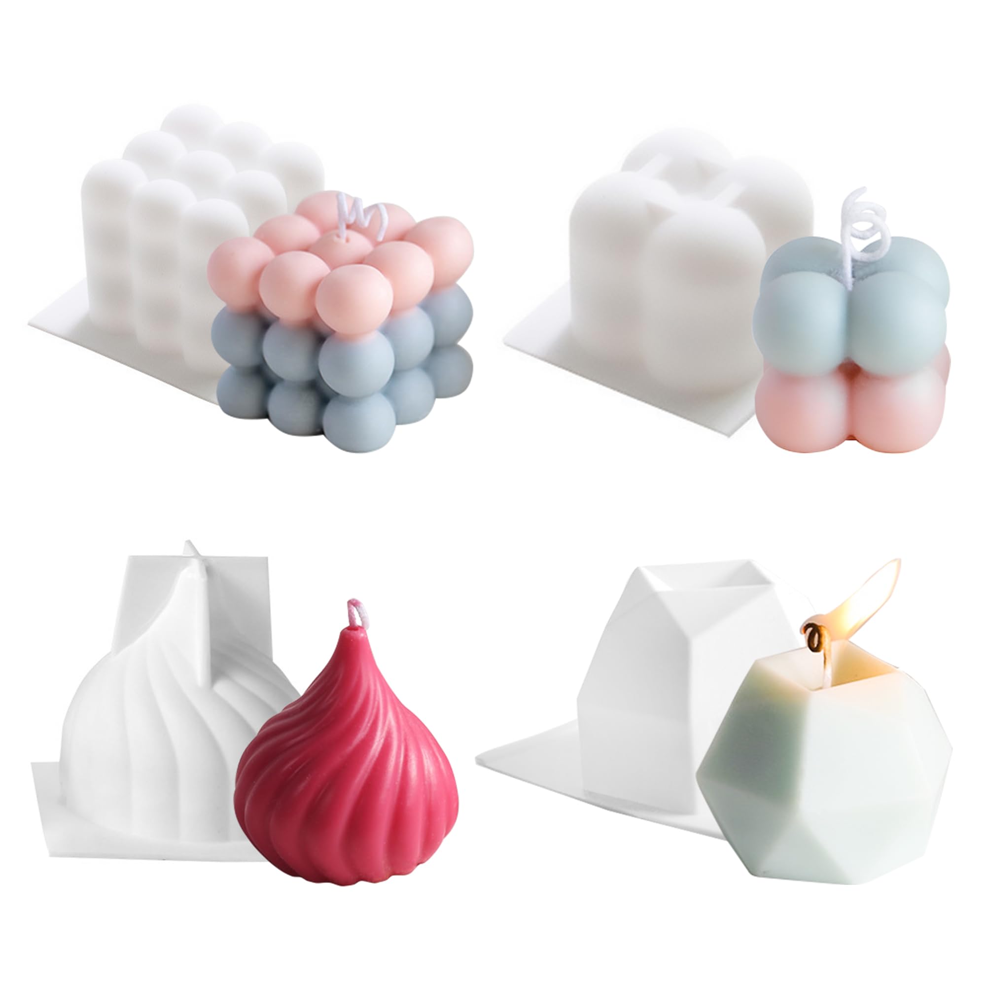 NICAVKIT 4Pcs Silicone Bubble Candle Molds Set for Candle Making,Bubble Cube Candle Mold, 3D Bubble Silicone Mold, Cake Mold for Soy Wax, Soap, DIY Scented Candle