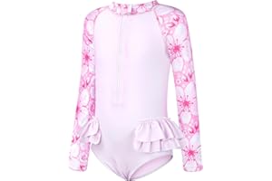 JiAmy Girls Swimsuits - One Piece Bathing Suit, Long Sleeve Zipper UPF 50+, Quick Dry Beach Swimwear for Kid 4-12 Years