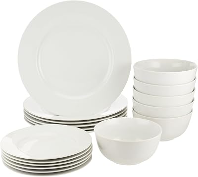 Amazon Basics 18-Piece Dinnerware Set White Service for 6 Porcelain