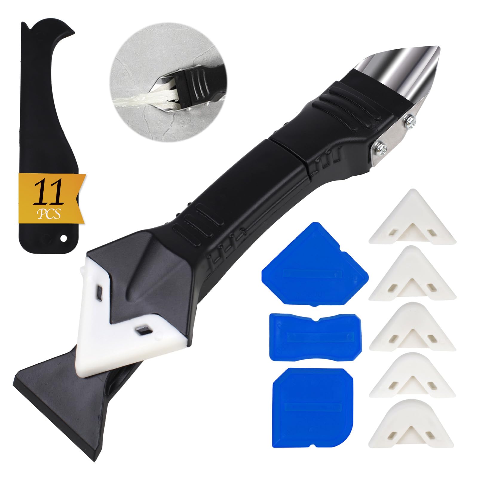 Photo 1 of 11Pcs Silicone Caulking Tools 3 in1 Grout Removal Tool(Stainless Steelhead)&Grout Remove Scraper,5 Silicone Replaceable Pads,4 Glass Glue Angle Scraper, Caulk Remover for Kitchen/Bathroom/Window/Joint