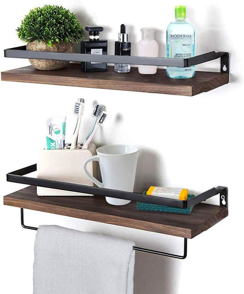 Rustic Floating Wall Shelves with Rails, Set of 2 Wood Wall Storage Shelves for Kitchen, Bedroom, Bathroom, Office (Brown)