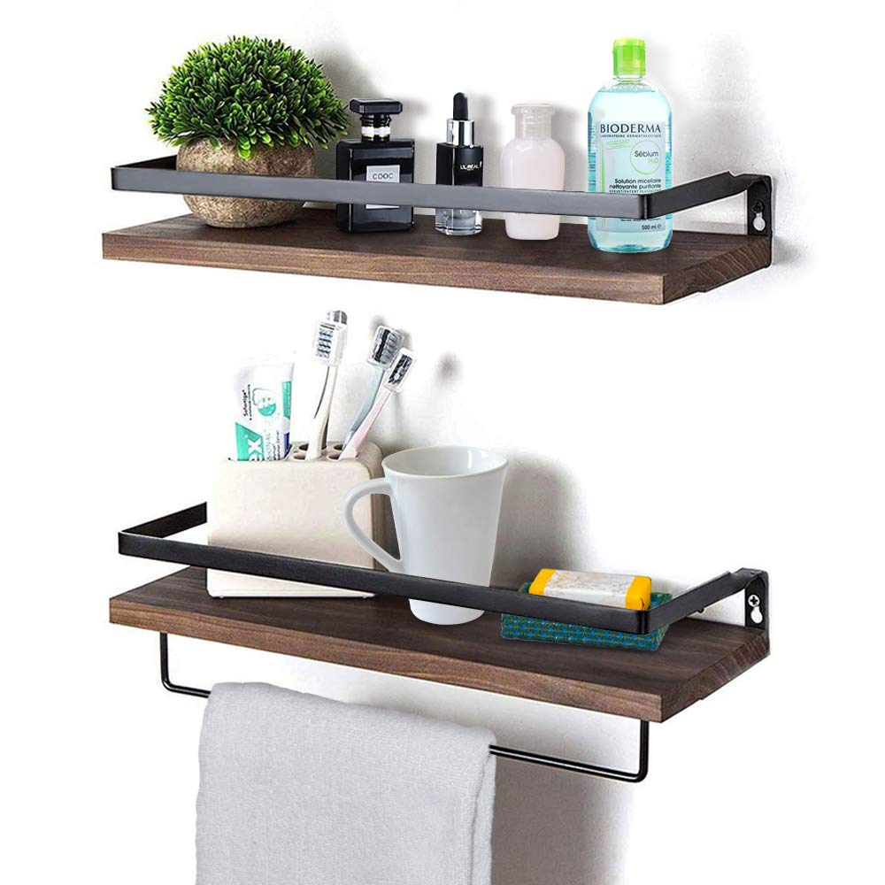 Wall Shelf Floating Wooden Wall Mounted Floating Shelves with Towel Holder Rustic Storage Shelves Ideal for Living Room Bedroom Hallway Bathroom 2 Pieces (Dark Brown)
