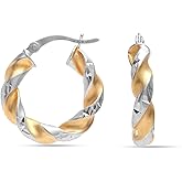 Charmsy 925 Sterling Silver Two-Tone Three-Tone Hoop Earrings for Women| 14K Gold-Plated Lightweight Round Shape Diamond-Cut Twisted Earring Hoops (20, 25, 30, 40, 45, 50MM)