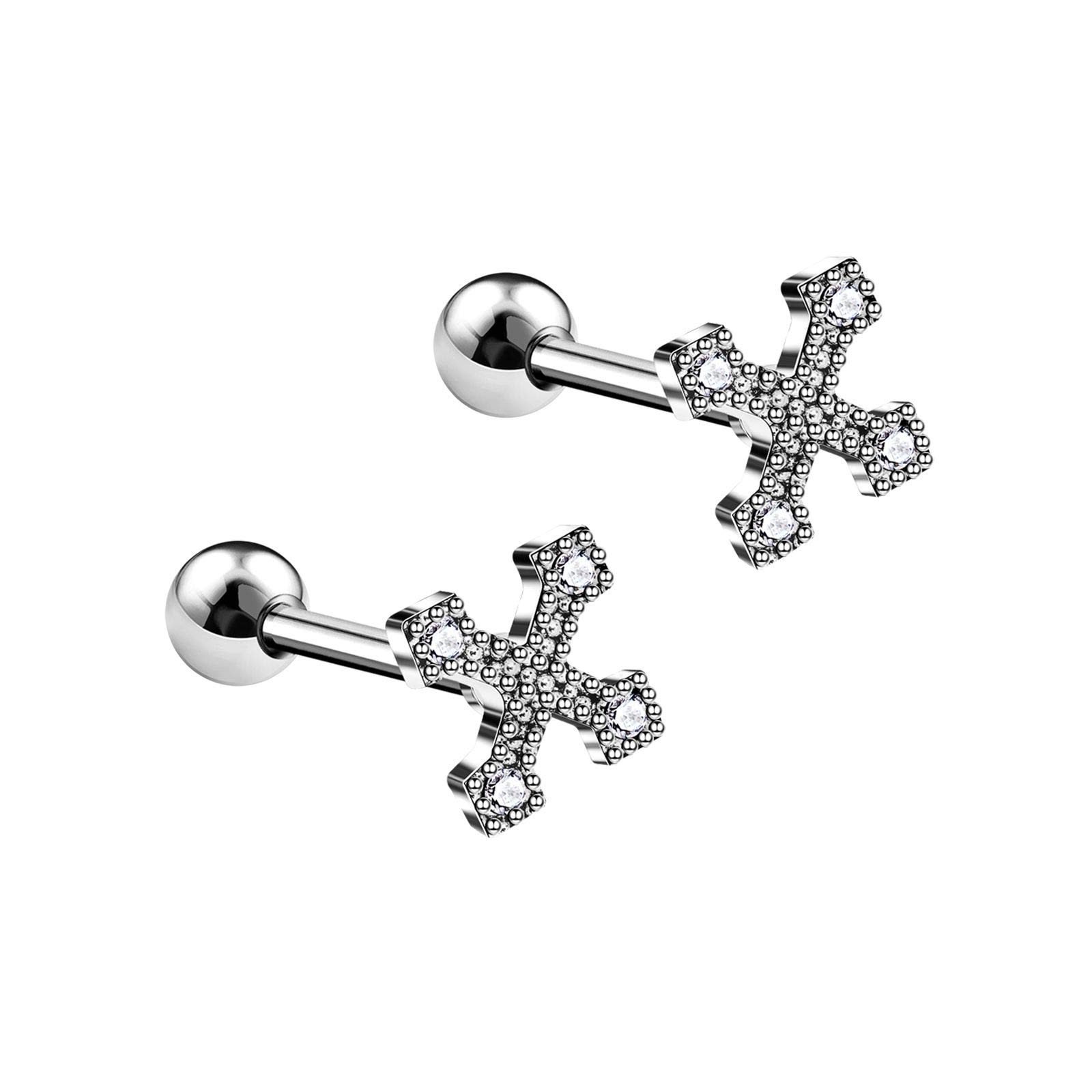 BanaVega 2PCS Surgical Steel Setting Irish Cross Clear Crystal 16g 1/4 6mm Tragus Cartilage Helix Earrings Piercing Jewellery 5713