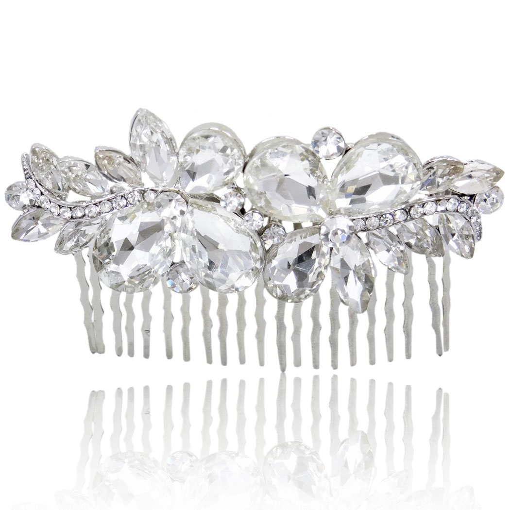EVER FAITH Women's Rhinestone Crystal Bridal Flower Leaf Hair Comb Clear Silver-Tone