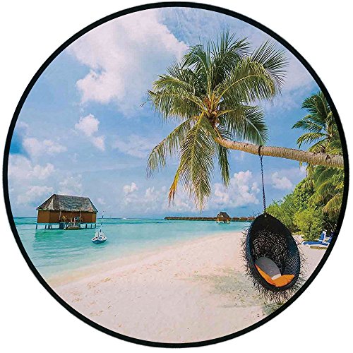 Printing Round Rug,Ocean,Exotic Beach in the Maldives with Crystal Waters and Palm Trees on the Sand Tropical Decor Mat Non-Slip Soft Entrance Mat Door Floor Rug Area Rug For Chair Living Room,Multi