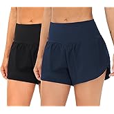 THE GYM PEOPLE 2 Pack Women's High Waisted Running Shorts with Zipper Pockets Liner Quick Dry Athletic Workout Shorts