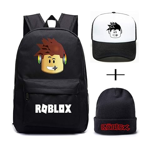 Roblox Rucksack mit Baseballmütze und Strickmütze, Student Bookbag Laptop-Rucksack Computer-Reisetasche für Jungen Mädchen Ki