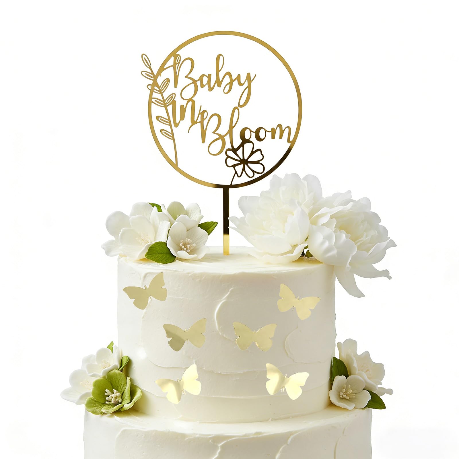 Baby Shower Cake Decorations 7PCS Gold Acrylic Baby in Bloom Topper with Butterfly Accents for Christening Gender Reveal Party