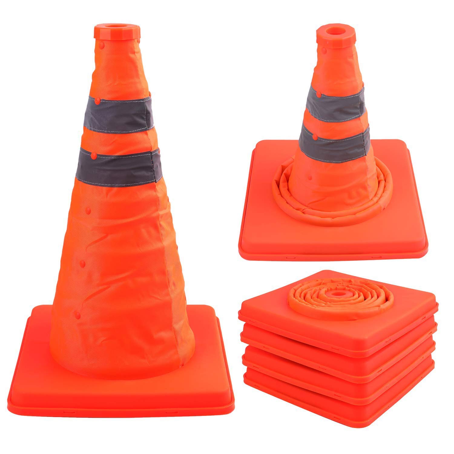 Bekith 4 Pack 15.5 Inch Collapsible Traffic Cones Safety Road Parking Cone Driving Construction Cones with Reflective Strips Collar, Orange